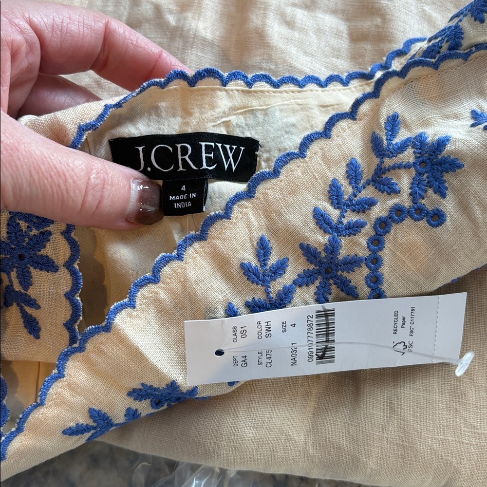 J. Crew Cream Mini Dress with Blue Embroidery - Picture 3 of 4